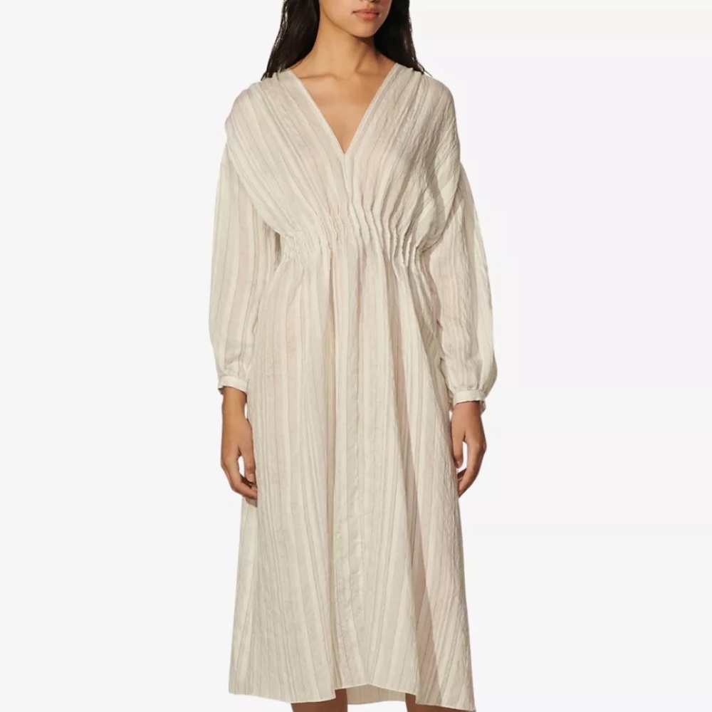 Sandro Rome Dress - white pinstripe long sleeve dress with gathered detail.